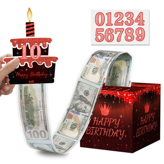Birthday Money Gift Boxes for Cash Pop Up with Number Stickers 0-9, DIY Custom Age Surprise Explosion Gift Box for 16th 18th 21st 30th 40th 50th 60th, Black Red Funny Cash Box for Men Women