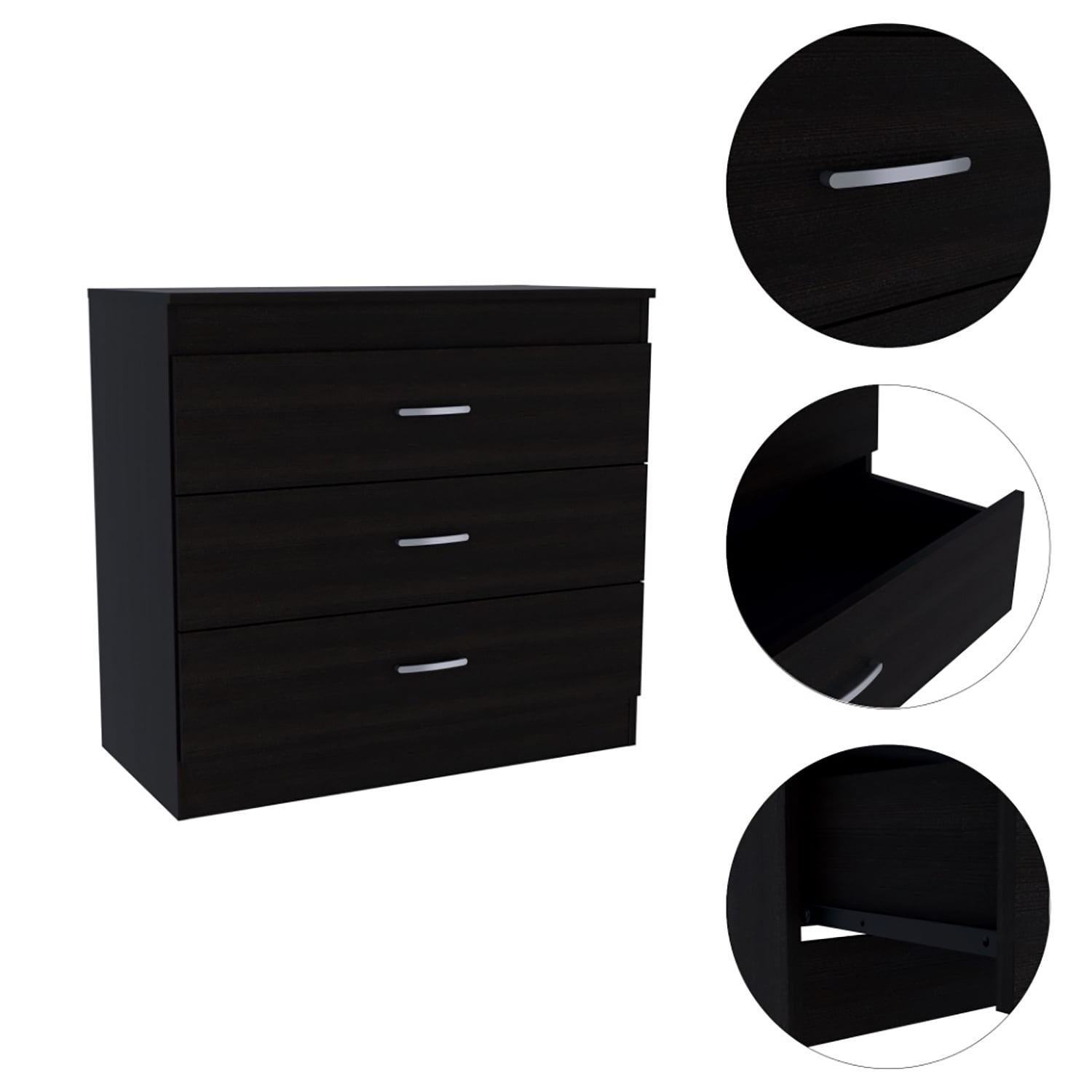 Kadyn Three Drawer Dresser, Chest of Drawers with Metal Hardware, Storage Cabinet for Bedroom, Black Nightstand Kadyn Three Drawer Dresser, Chest of Drawers with Metal Hardware, Storage Cabinet for Bedroom, Black Nightstand