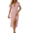 thumbnail image 2 of LOVZFMLL Dresses for Women Summer Casual V Neck Short Sleeve Button Maxi Shirt Dresses Work Fit Formal Outfits with Split Pink L, 2 of 6
