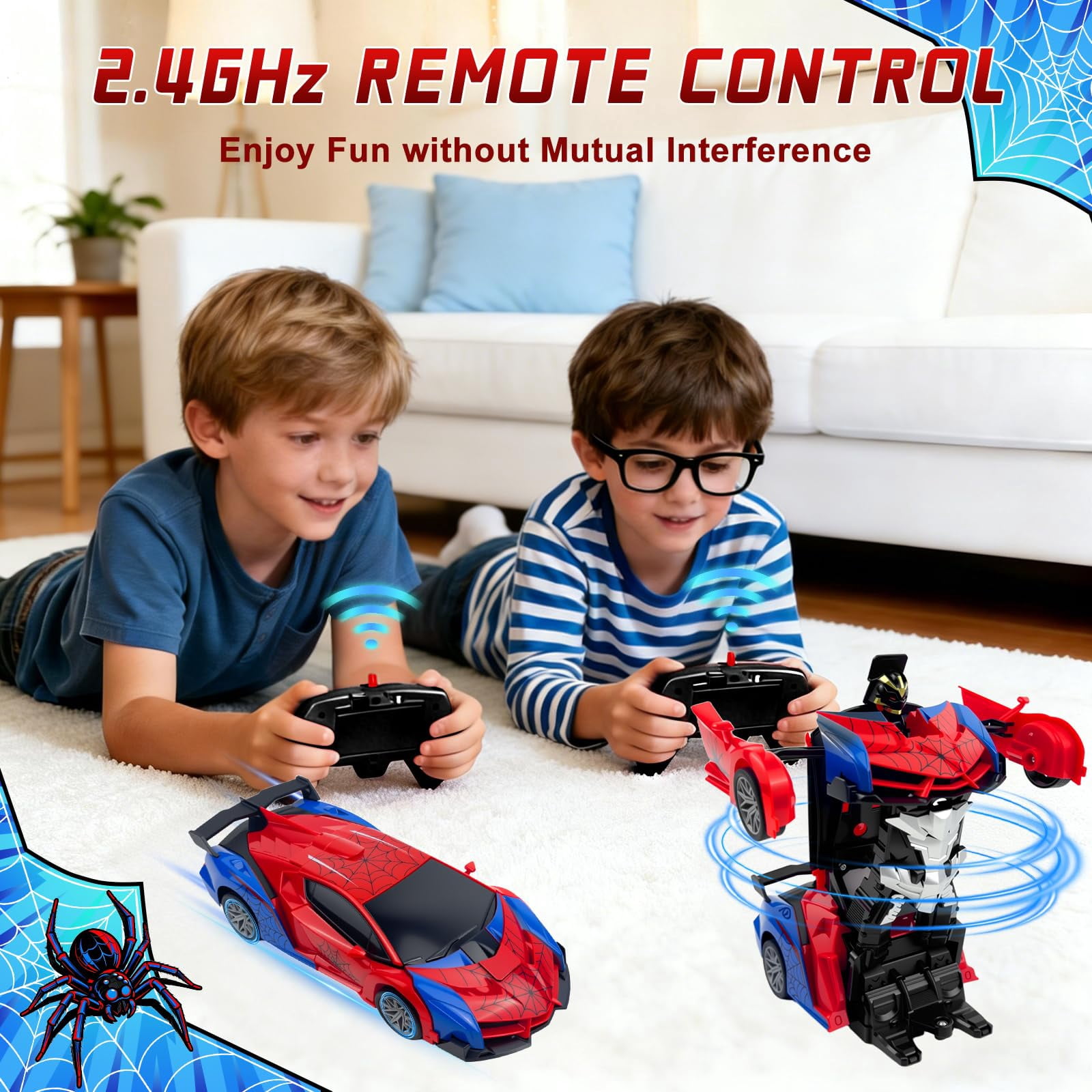 Spider Remote Controls Car, 1:18 Scale Transformer Robot Toy with 2.4GHz One-Button Deformation and 360° Rotation, RC Vehicle Gift for Boys Ages 3-12
