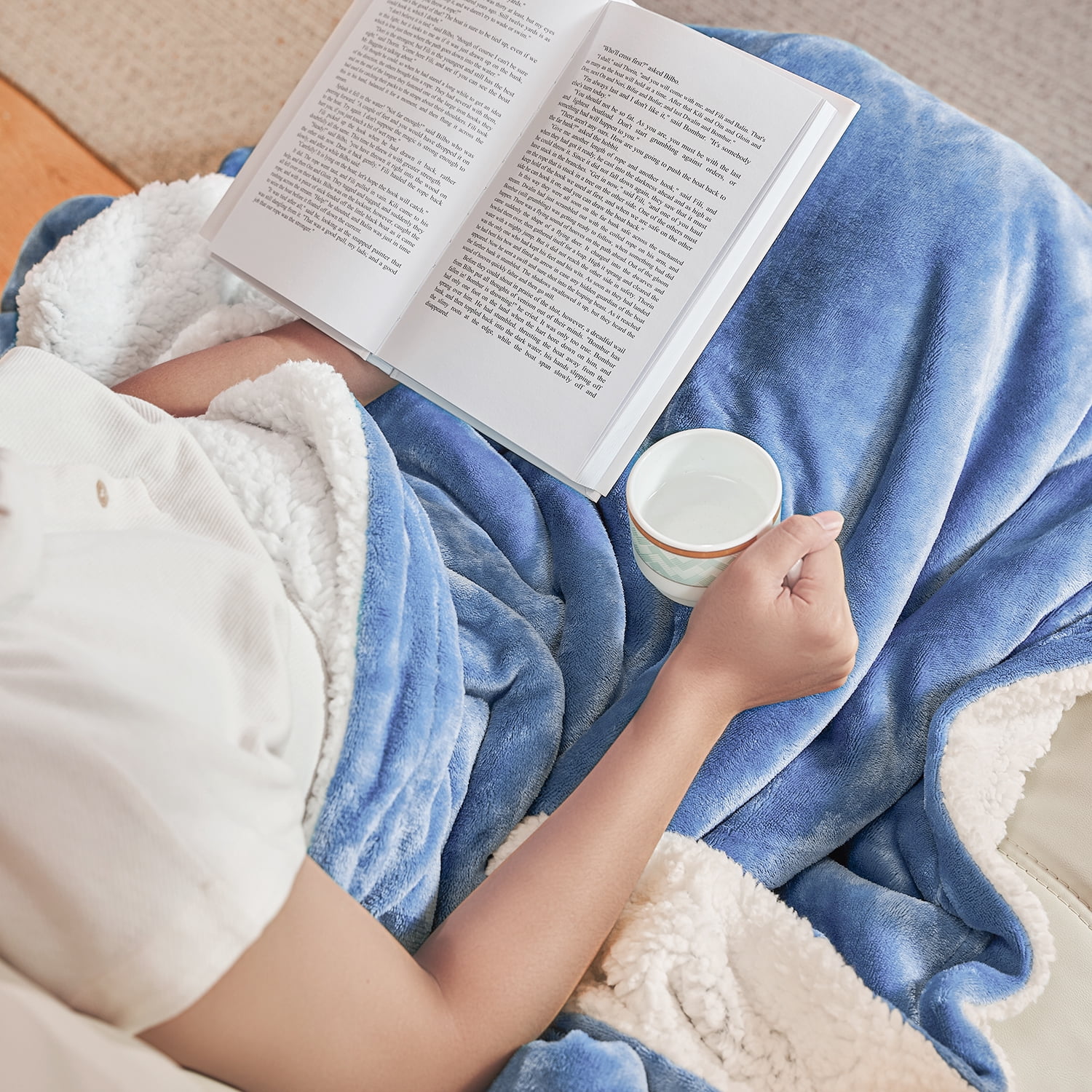 MOOFUN Sherpa Fleece Throw Blanket, Soft fluffy and durable blanket for both sofa and bed Washed Blue 60inch x 80inch