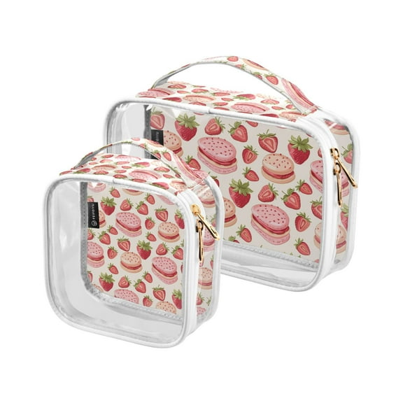 Strawberry Cakes Clear Cosmetic Bags with Handles PVC Toiletry Bags Zipper Waterproof Portable for Traveling 2 Pcs