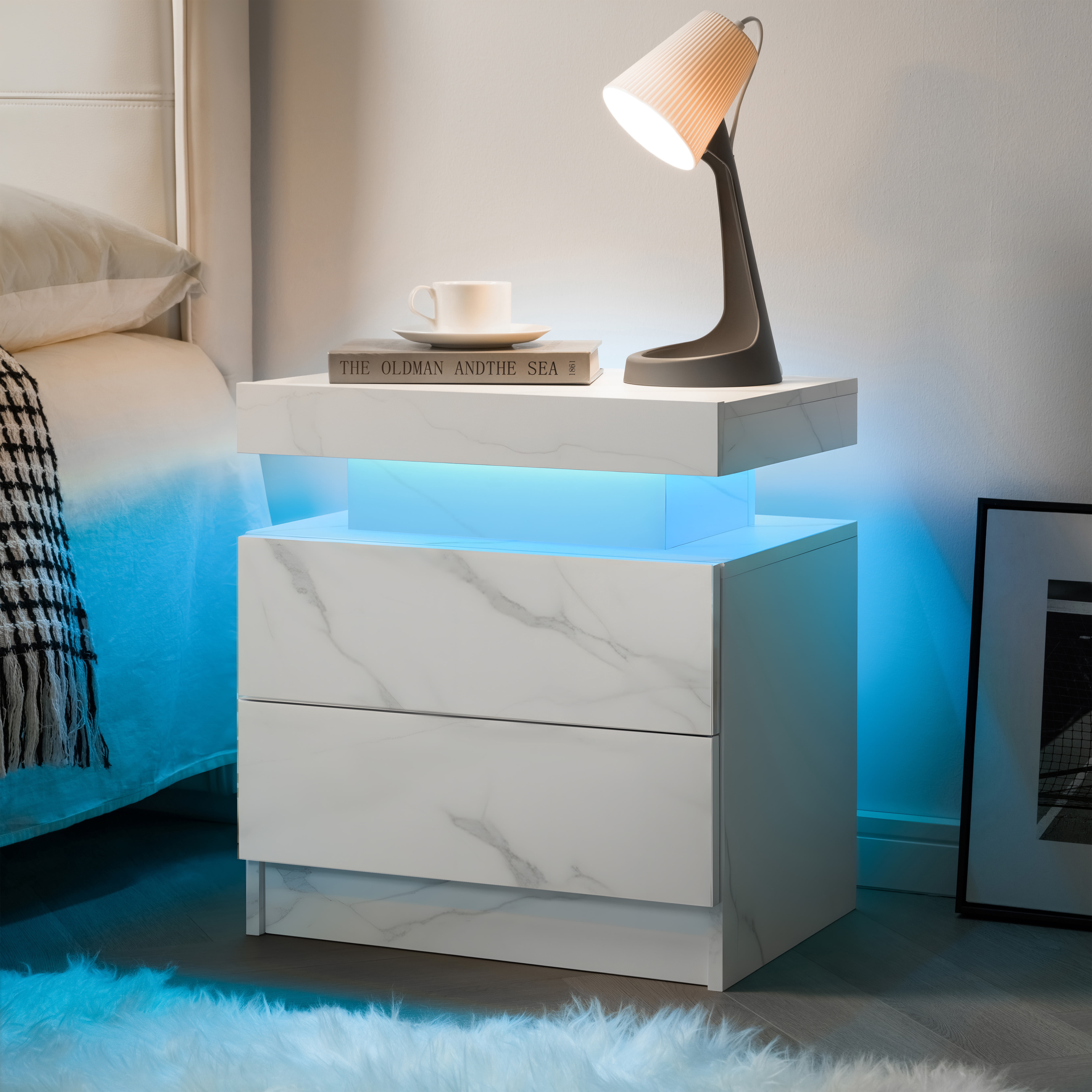 Leumius 2 Drawer Modern Nightstand with LED Light Small Bedside Tables End Side for Bedroom,Matte White
