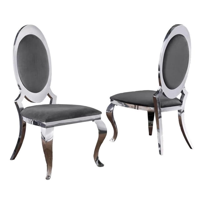 Chaises Latérales Élégantes à Dossier Rond en Velours Gris Foncé avec Pattes Argentées (Ensemble de 2)