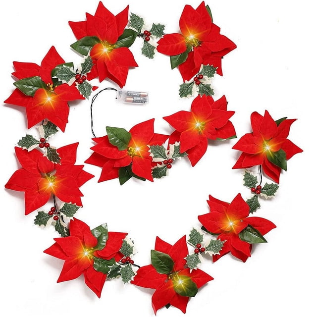 Wire to String Lights Stay Lit Christmas Lights Soft Rope Lights with Clear Curtain Lights 3ft Craft Lights with Plug 10 6Ft Lighted Christmas Garland With Red Berries And Holly Leaves. Lit Velvet