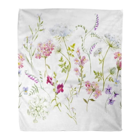 SIDONKU Throw Blanket Warm Cozy Print Flannel Watercolor Floral Pattern Delicate Flower Wildflowers Pink Tansy Pansies White Comfortable Soft for Bed Sofa and Couch 58x80 Inches