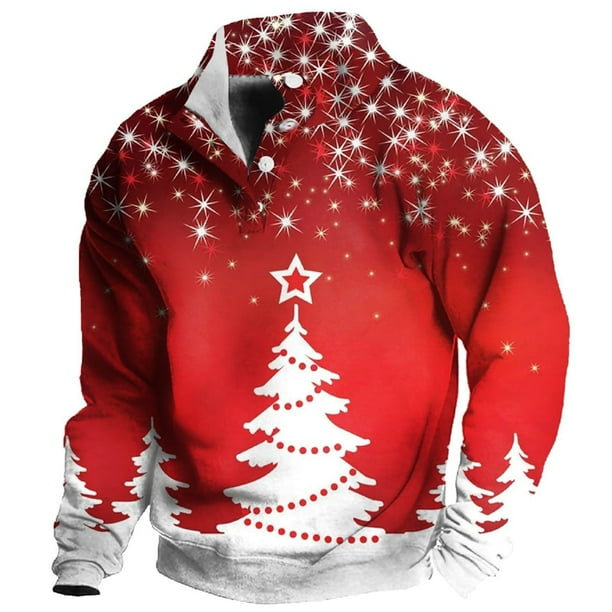 Sudadera sin capucha para hombre, moda, bolsillos, manga larga, estampado navideño, sudadera con capucha, blusa de poliéster para hombre.