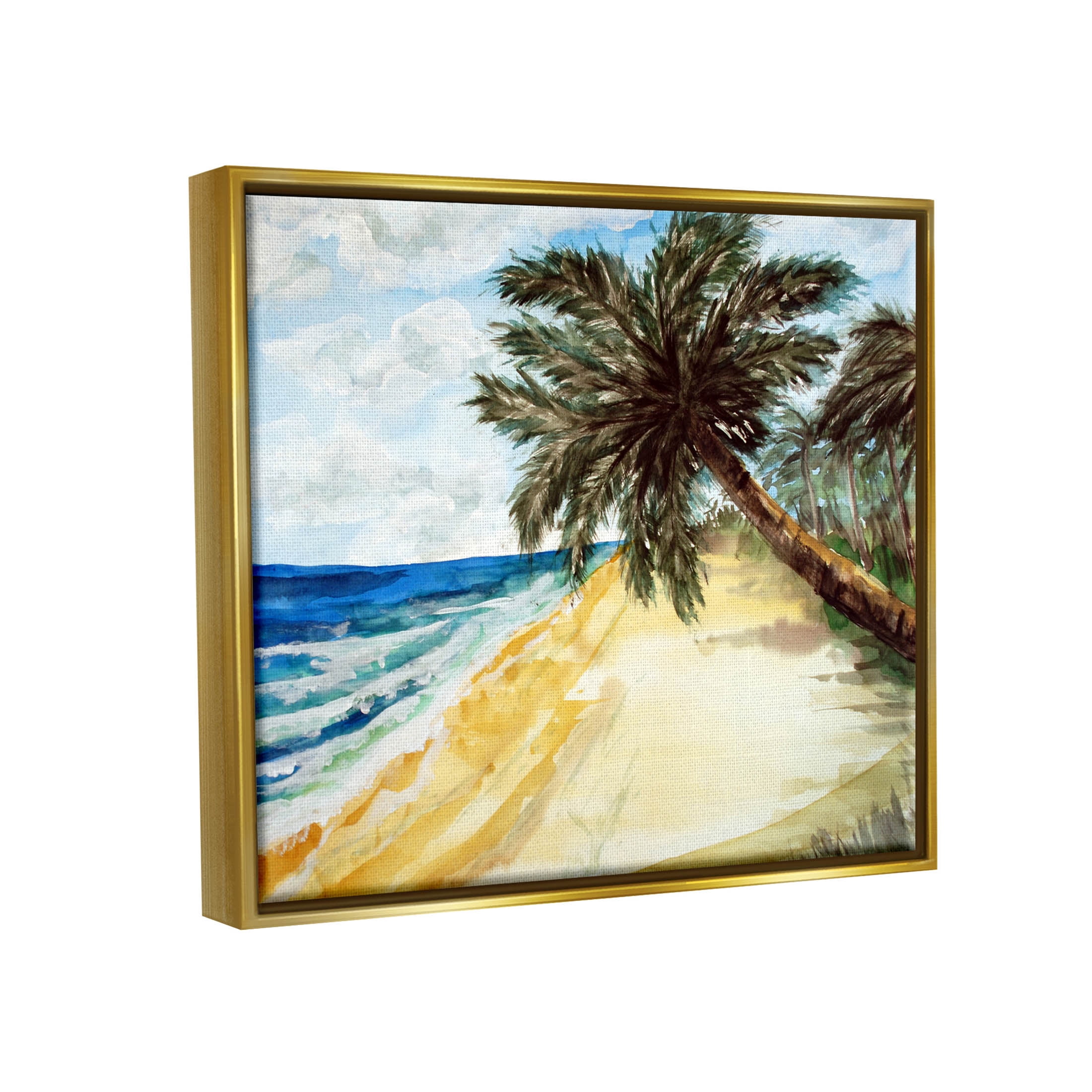 Summer Palm Overhanging Beach Coastal Painting Metallic Gold Framed Art Print Wall Art