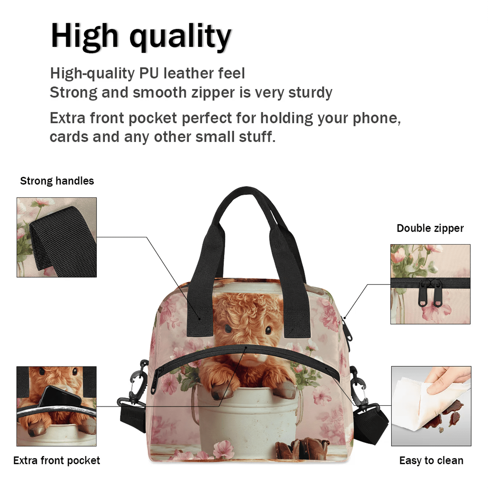 Herdesigns Pink Lunch Bag for Men Women Adults Highland Cow Insulated Lunch Box Leakproof Cooler Tote Bag Organizer with Adjustable Shoulder Strap