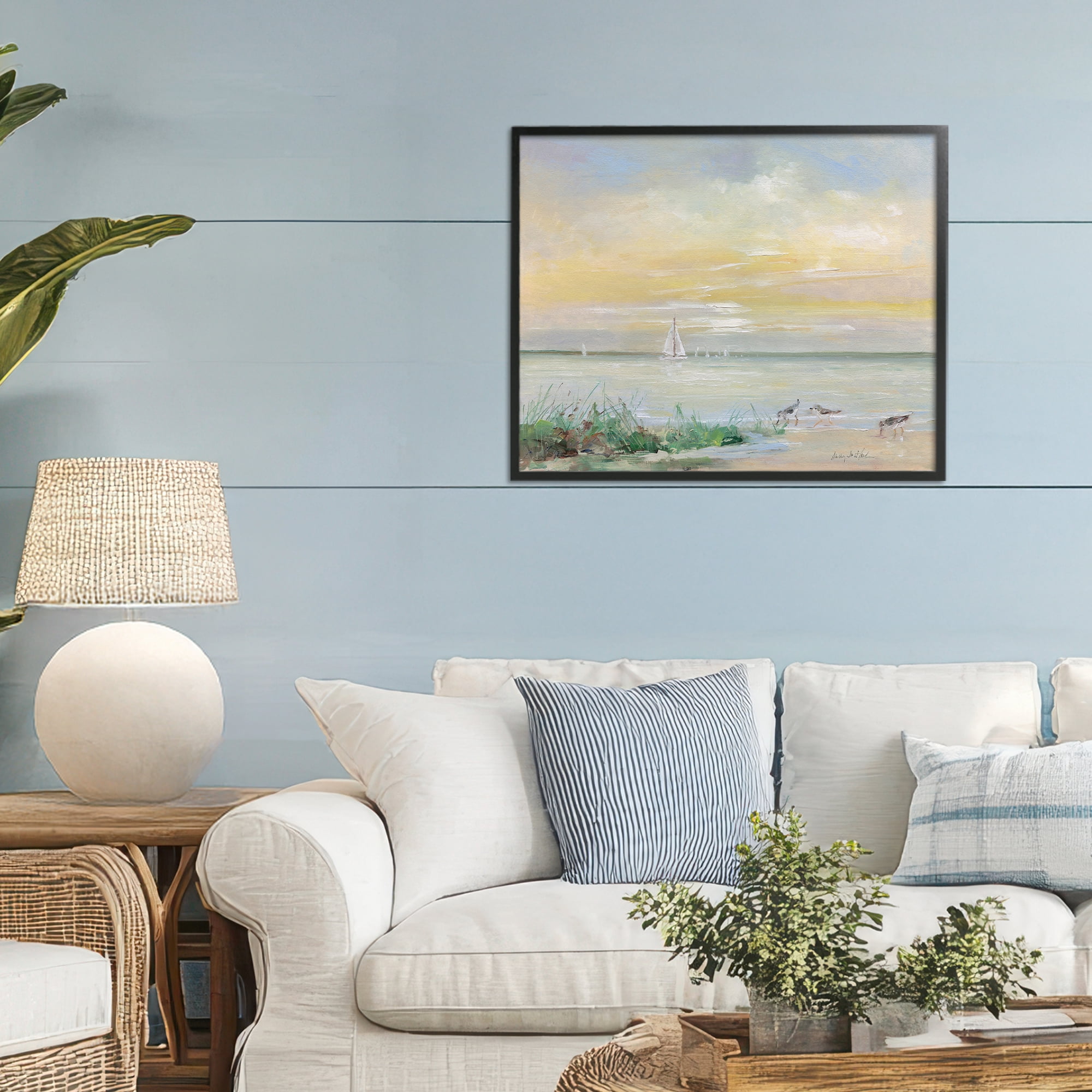 Stupell Industries Sailboats & Sanderlings Shore Black Framed Giclee Art, design by Sally Swatland