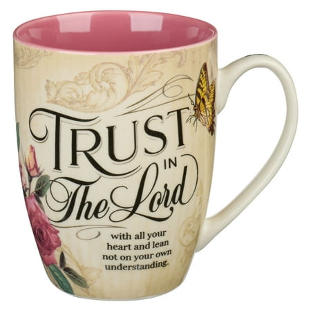 

Christian Art Gifts Novelty Ceramic Scripture Coffee & Tea Mug for Women: Trust in the Lord - Proverbs 3:5 Inspirational Bible Verse w/Gold Accents Rose Floral Cute Butterfly Pink/Tan 12 oz.