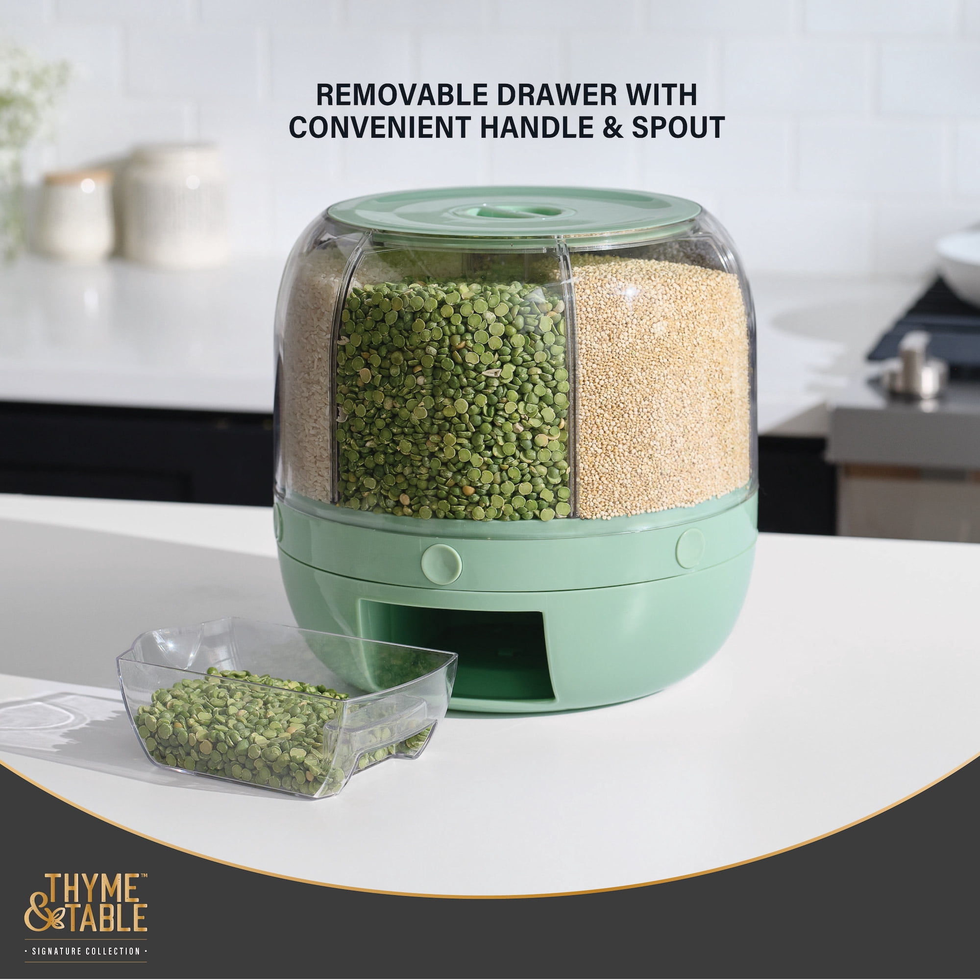 Thyme & Table 6 Section Rotating Plastic Food Storage Dispenser with Removable Drawer, Green