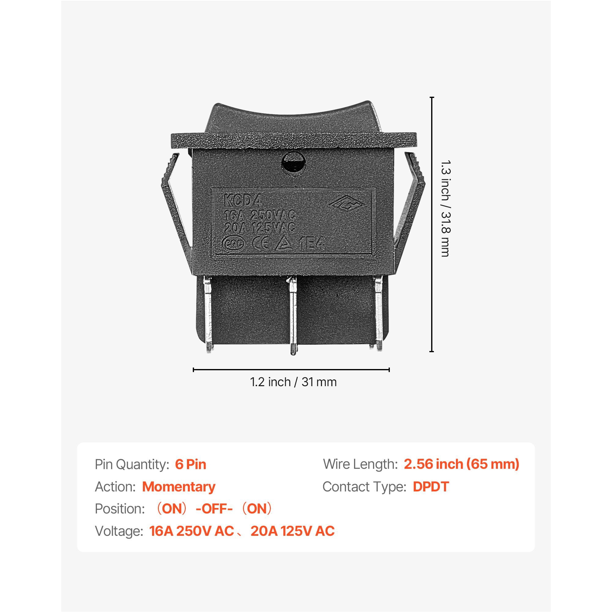 Rocker Switch, 6 Pin Momentary DPDT Rocker Switch, 3-Position (ON)-Off-(ON) Polarity Reversing Switch AC 250V/16A 125V/ 20A for Auto Car Boat Household Appliances