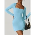 thumbnail image 5 of Douhoow Women MIni Dress Summer Solid Color Long Sleeve Square Neck Split Hem Dress, 5 of 7