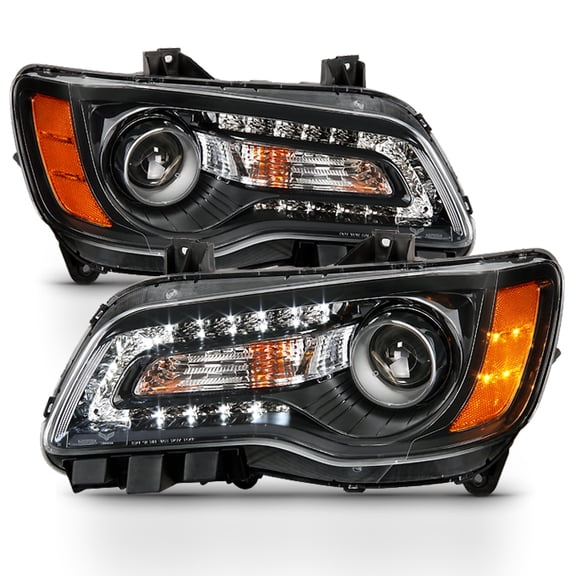 AKKON - For 2011-2014 Chrysler 300 Angel Eye Halogen Type Projector Black Headlights Housing - Pair