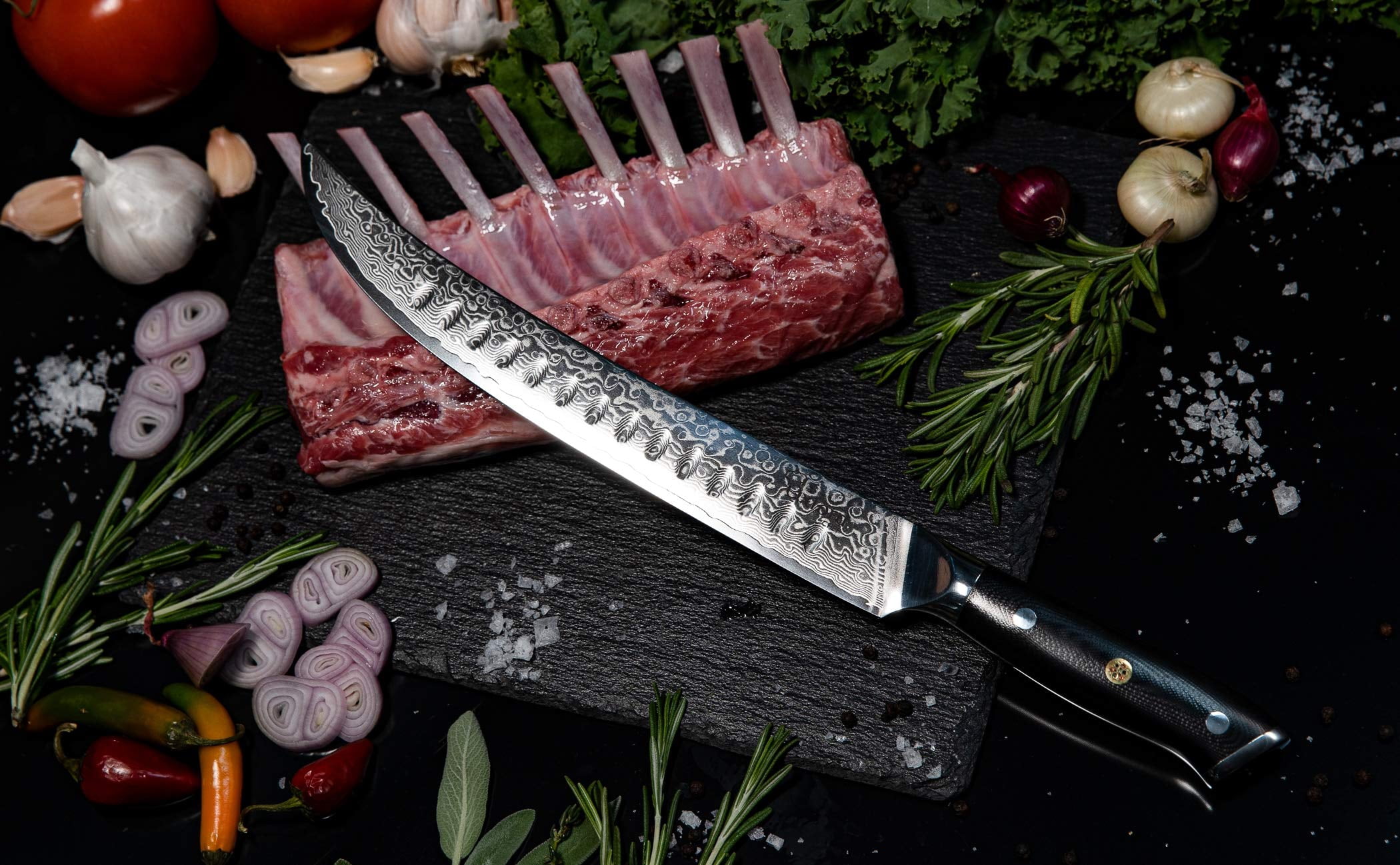 Curved Slicer (Butcher) Knife 10 Inch - Damascus Japanese VG10 Super Steel 67 Layer High Carbon Stainless Steel Oxford Chef