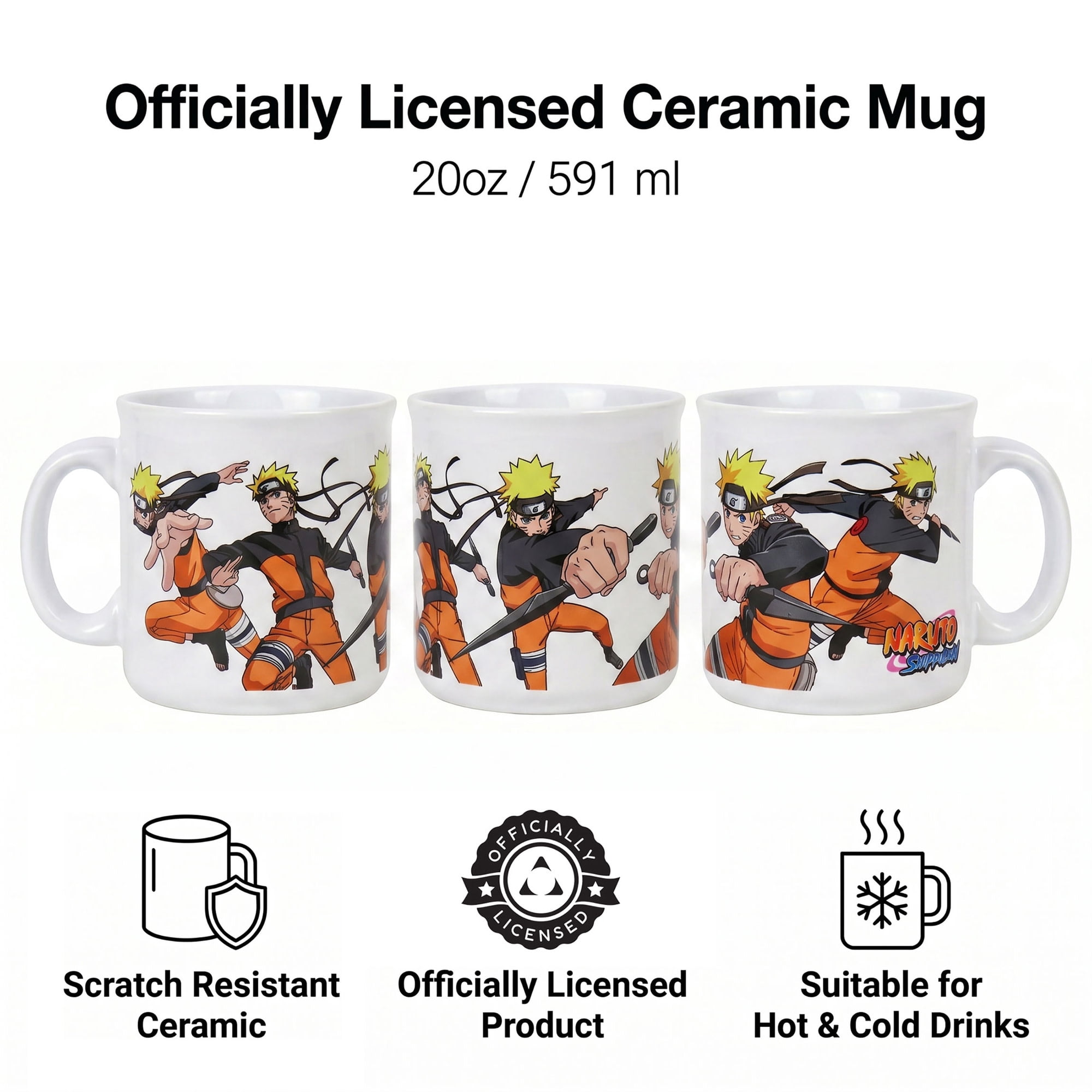 Pyramid America: Naruto Shippuden: Fight Action - 20oz Ceramic Camper Mug - Coffee Tea Cup, Microwave-Dishwasher Safe, Anime Fan Collectible, Licensed