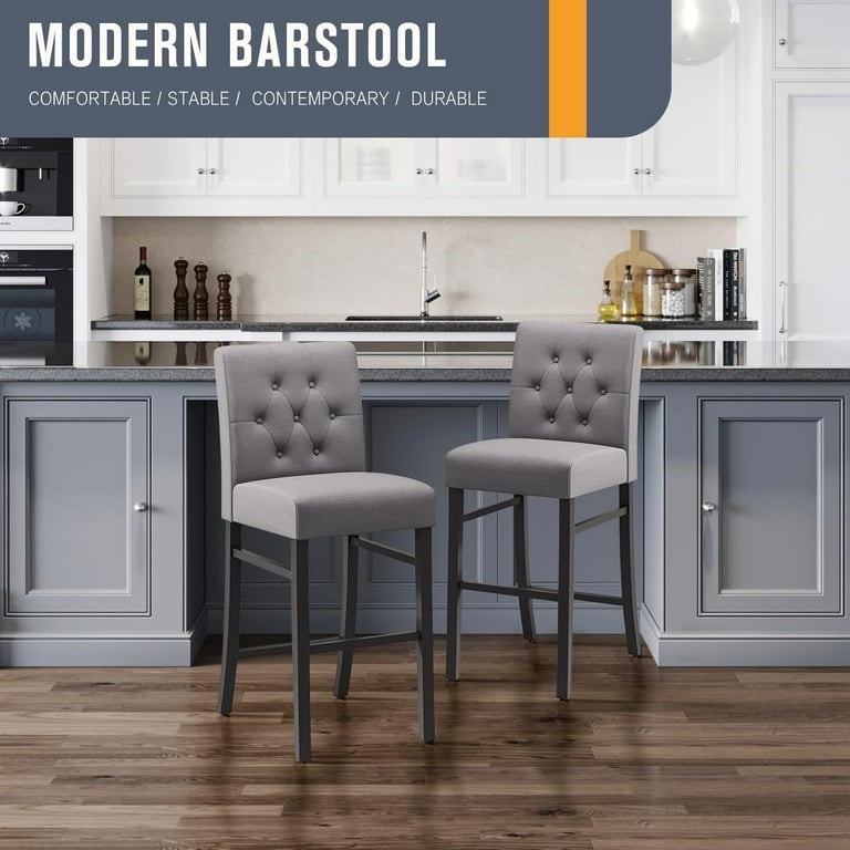 30 Counter Height Bar Stools Set of 2 4 with Back Fabric Barstools Bar Height Upholstered Button Tufted Bar Stool Modern High Wooden Stools for Kitchen Island Set of 2 Gray Walmart