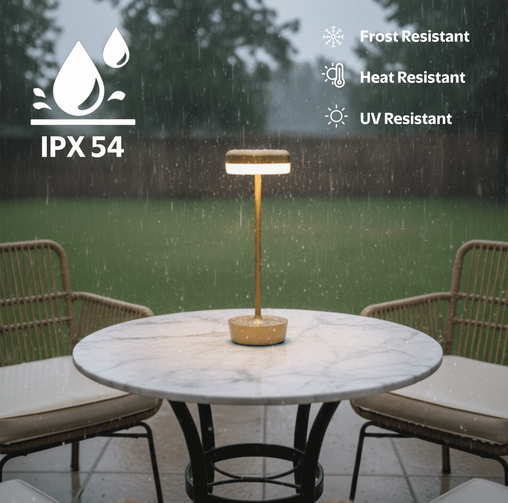 Mainstays 12 inch Outdoor  and Indoor Rechargeable Water Resistant Table Lamp, Gold, 100 Lumens