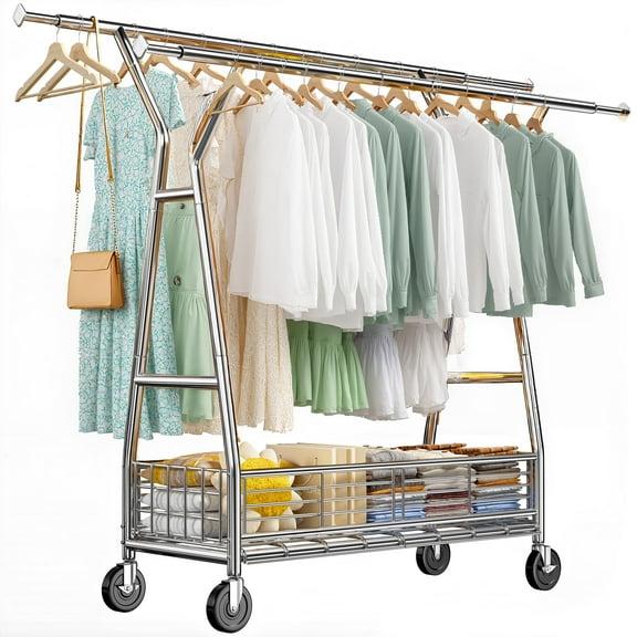 EnHomee Heavy Duty Clothing Rack 625 LBS Adjustable Double Rod Garment Rack with Wheels,Bottom Metal Basket,Rolling Clothes Organizer,Chrome