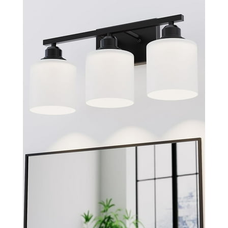 Hansang Modern 3-Light Vanity Light Fixture, Black Finish with Frosted Glass Shades, Bathroom Wall Lighting, Bulbs Not Included