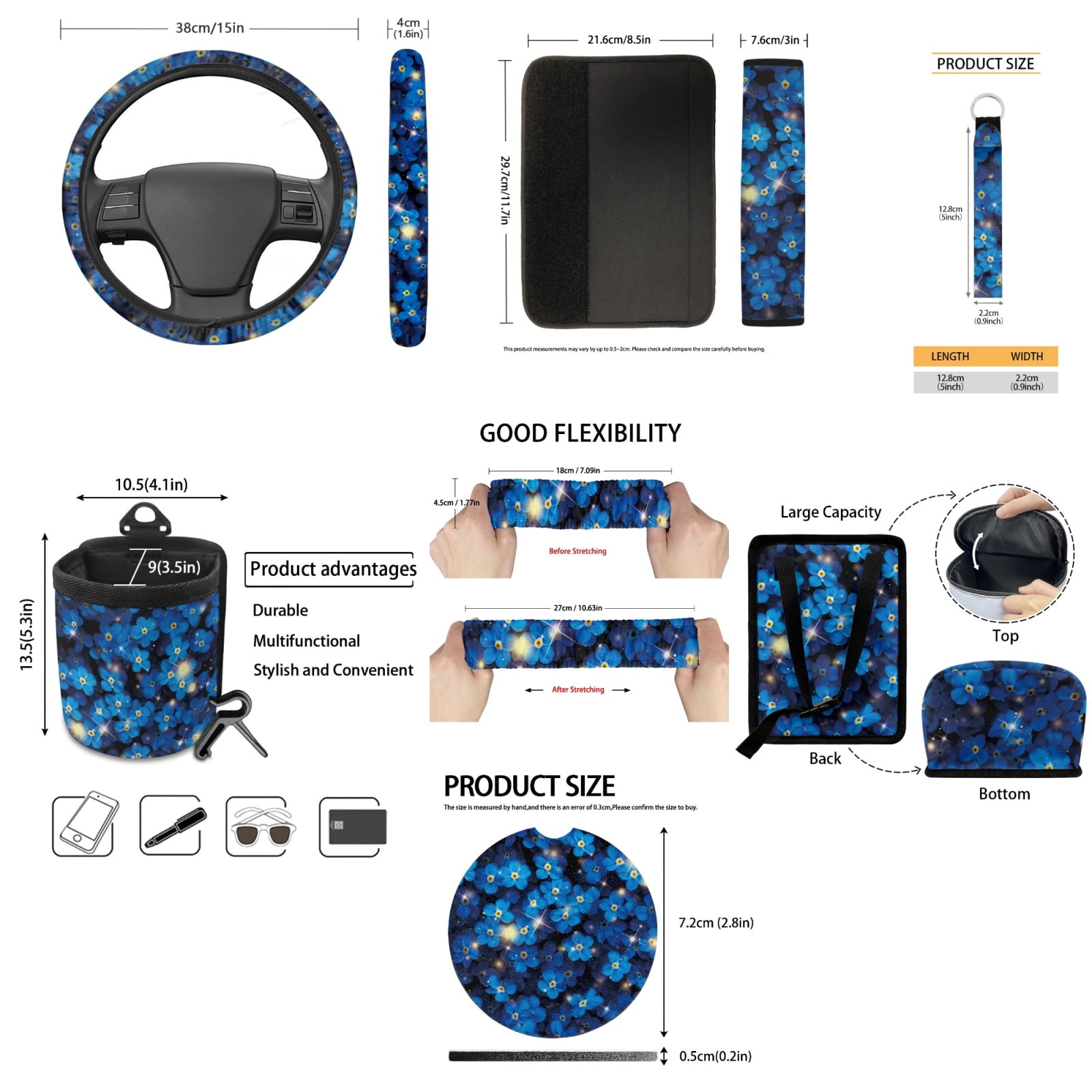 Yuyamidu 15 Pack Blue Flower Car Seat Cover Full Set Women Auto Seat Protector with Steering Wheel Cover Seat Belt Pads Trash Bin Air Vent Organizer Rear View Mirror Cover Coasters Key Chain