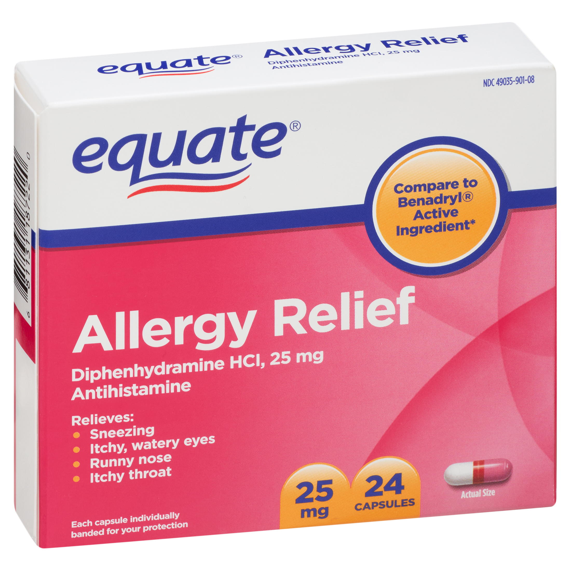 Equate Diphenhydramine Allergy Relief Capsules, 25 mg, 24 Count - image 5 of 7