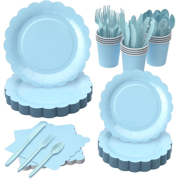 168 Pcs Party Plates and Napkins Set Disposable Scalloped Tableware with Cutlery for Baby Shower Birthday Wedding Banquet Supplies Serve 24(Light Blue)