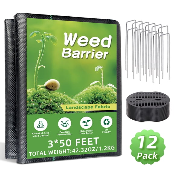 GPED 3FT x 50FT Weed Barrier Landscape Fabric, 3.2OZ Heavy Duty Weed Blocker Gardening Mat, Garden Cloth for Underlayment, Gardening, Farming, Ground, Commercial Driveway W/ 12 U-Shaped Securing Peg