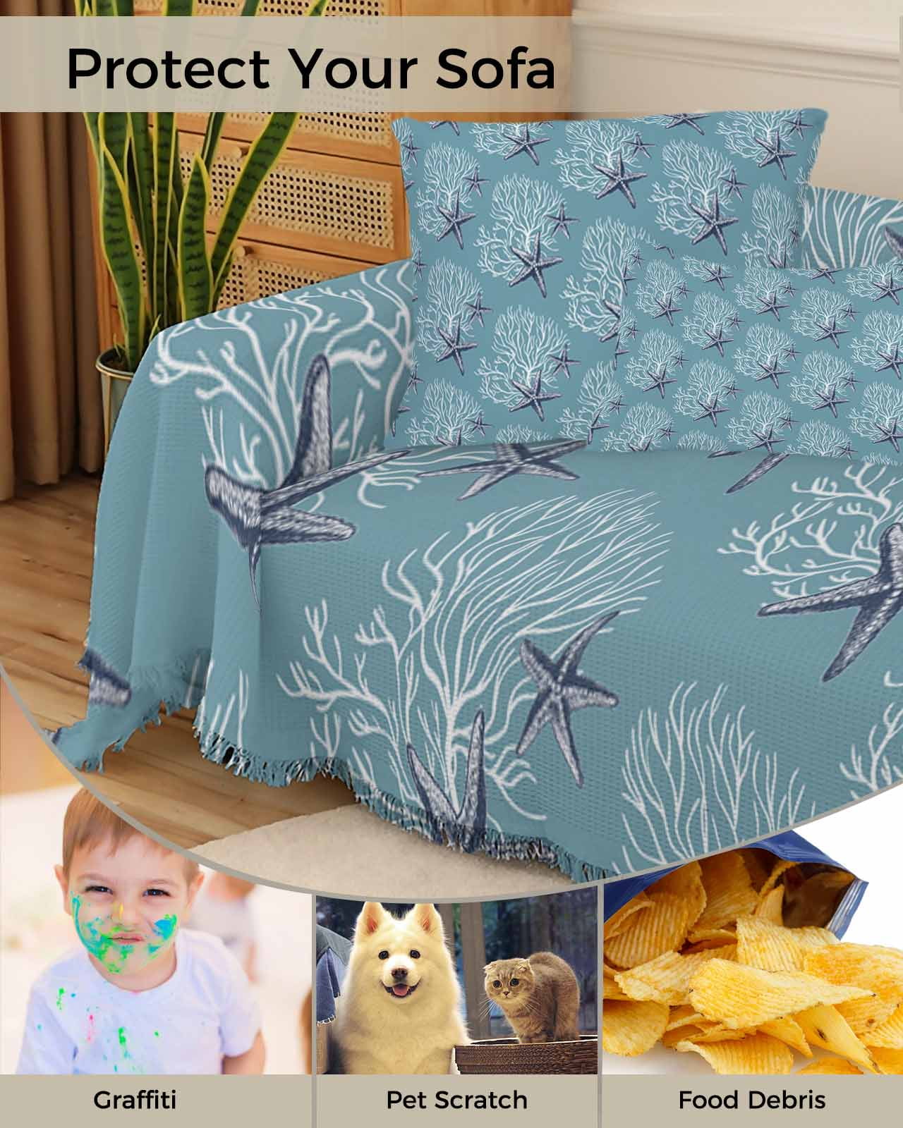 Blue Starfish Sofa Covers for 3 Cushion,Washable Couch Cover for Sectional Sofa Slipcoverwith Tassel,Coastal Coral Summer Beach Sea Nautical Loveseat Covers Futon Cover Throw Blanket 71''x118''