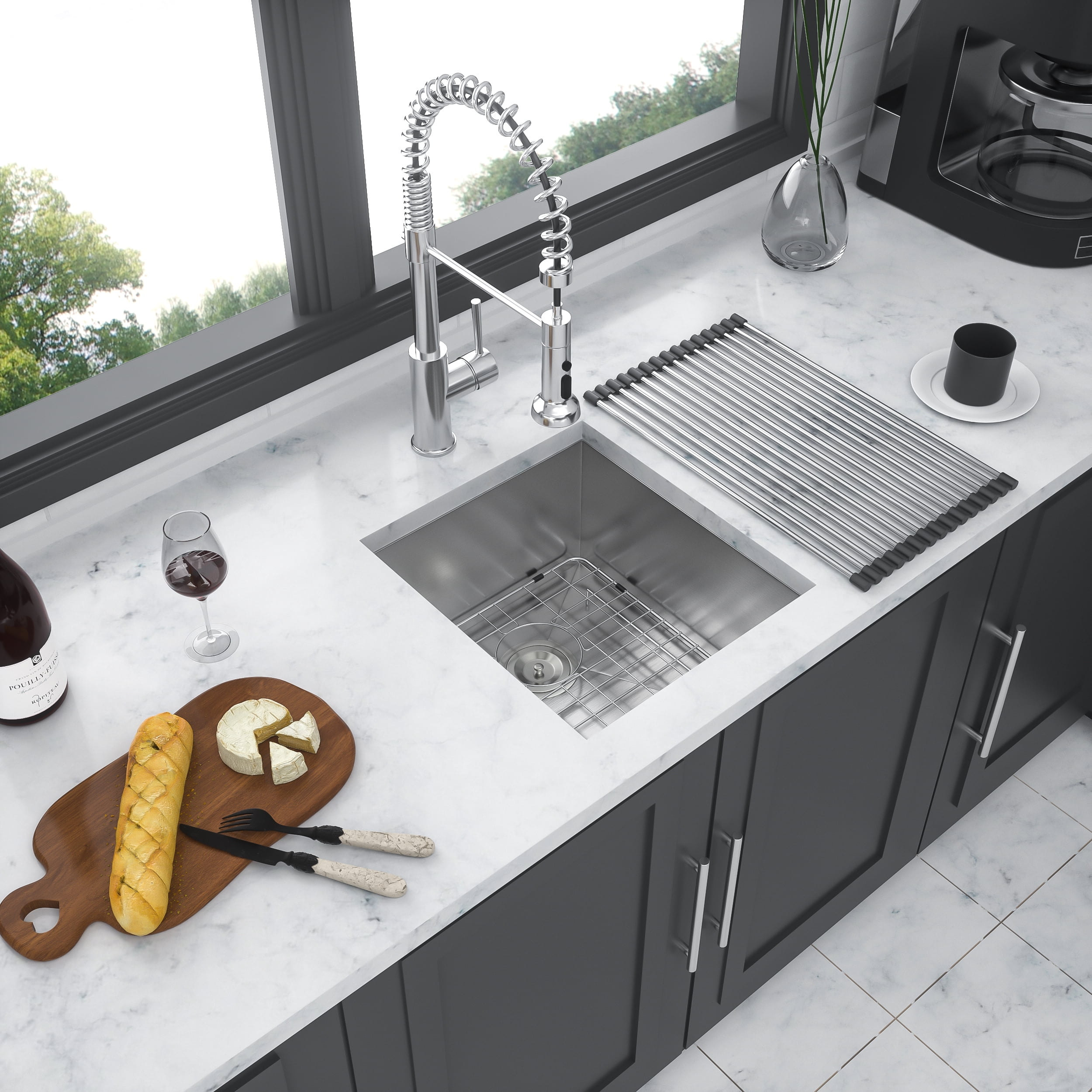 Izzovium 13 Inch Undermount Stainless Steel Kitchen Sink, 16 Gauge 9" Deep Single Bowl Brushed Nickel, 13"x15"x9" with Drain Assembly & Drying Rack
