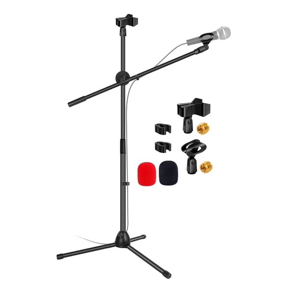 5 Core Microphone Stand Floor 2 Mic Clips Universal Height Adjustable Tripod Mic Stands w Boom Arm