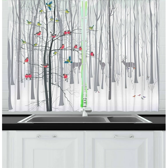 Ambesonne Nature Kitchen Curtains, Flock of Birds on Tree, 55"x39", Multicolor