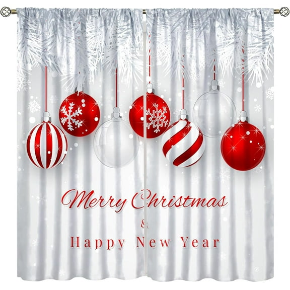 Christmas Curtains, Red Xmas Balls Fir Branch Snow New Year Rod Pocket Drapes for Kitchen Living Room Bedroom Dinning Room Window Treatment, 84x84 Inch