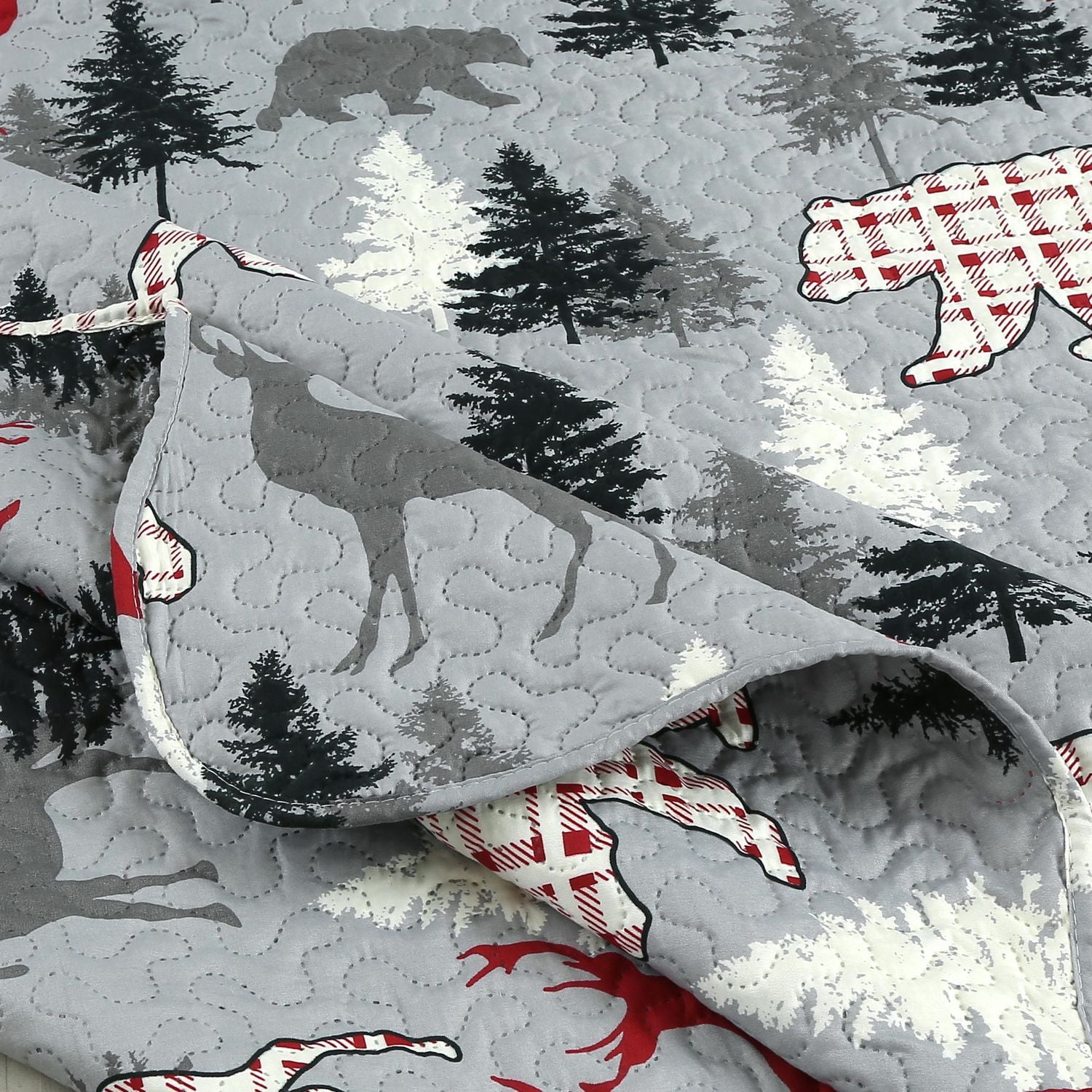 Marina Decoration Rich Printed Embossed Pinsonic Coverlet Bedspread Ultra Soft Bedding Summer Quilt Set with Shams, Cabin Reindeer Moose Bear Pattern