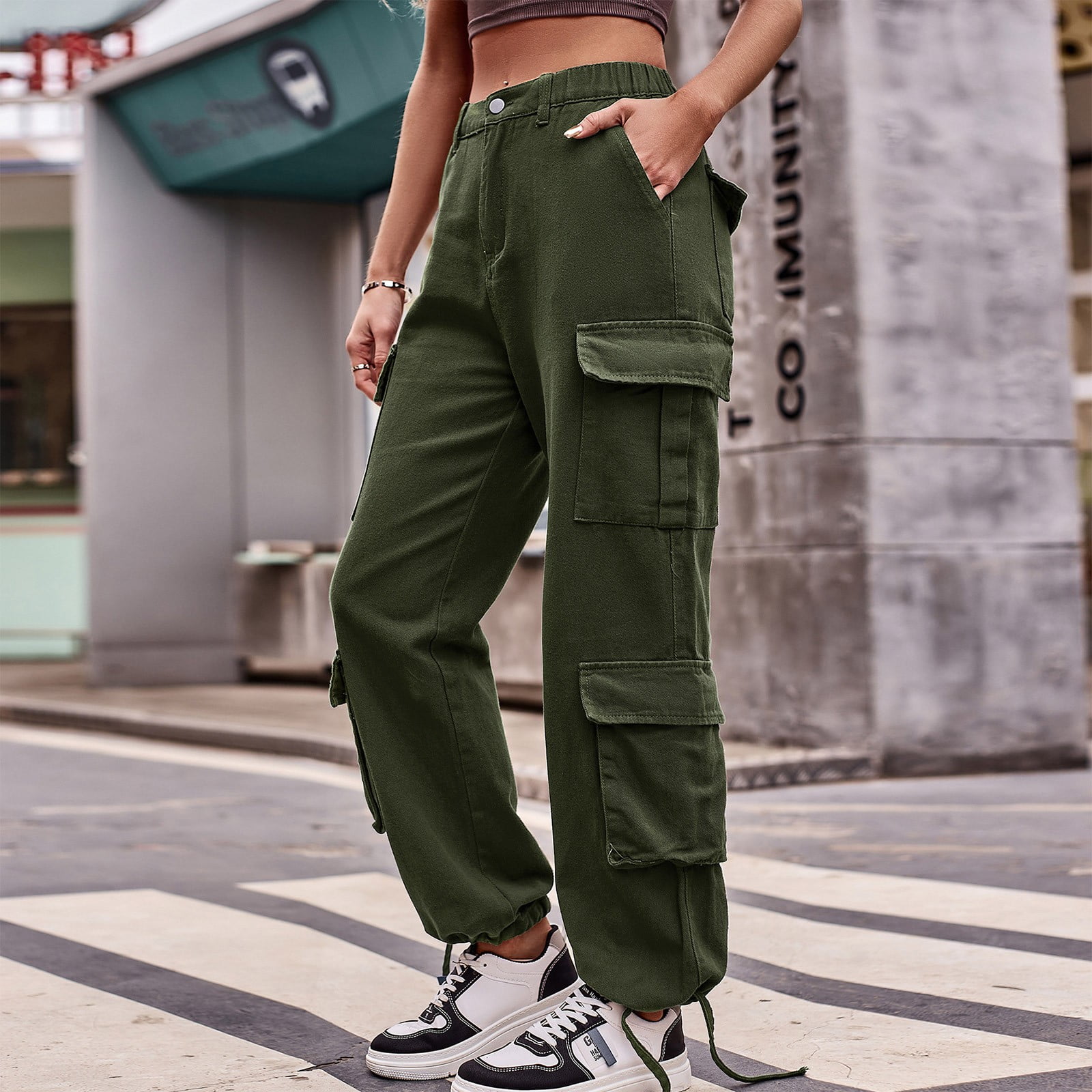 Vintage streetwear army green multi-pocket cargo pants women winter hiphop  design pants casual fashion straight
