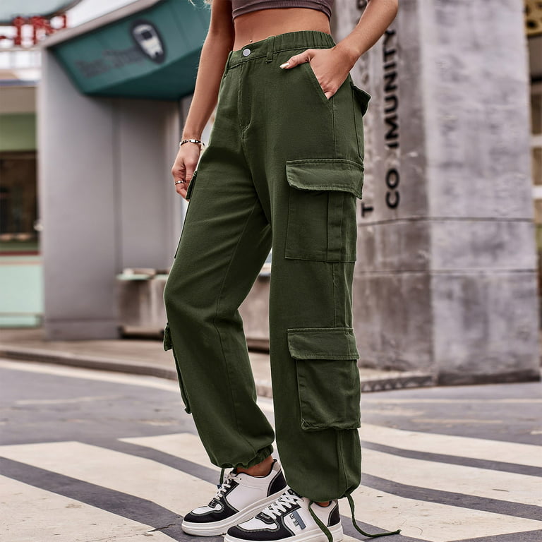 HIMIWAY Cargo Pants Women Palazzo Pants for Women Women's Fashion Casual  Solid Color Drawstring Jeans Overalls Sports Pants Army Green D L 