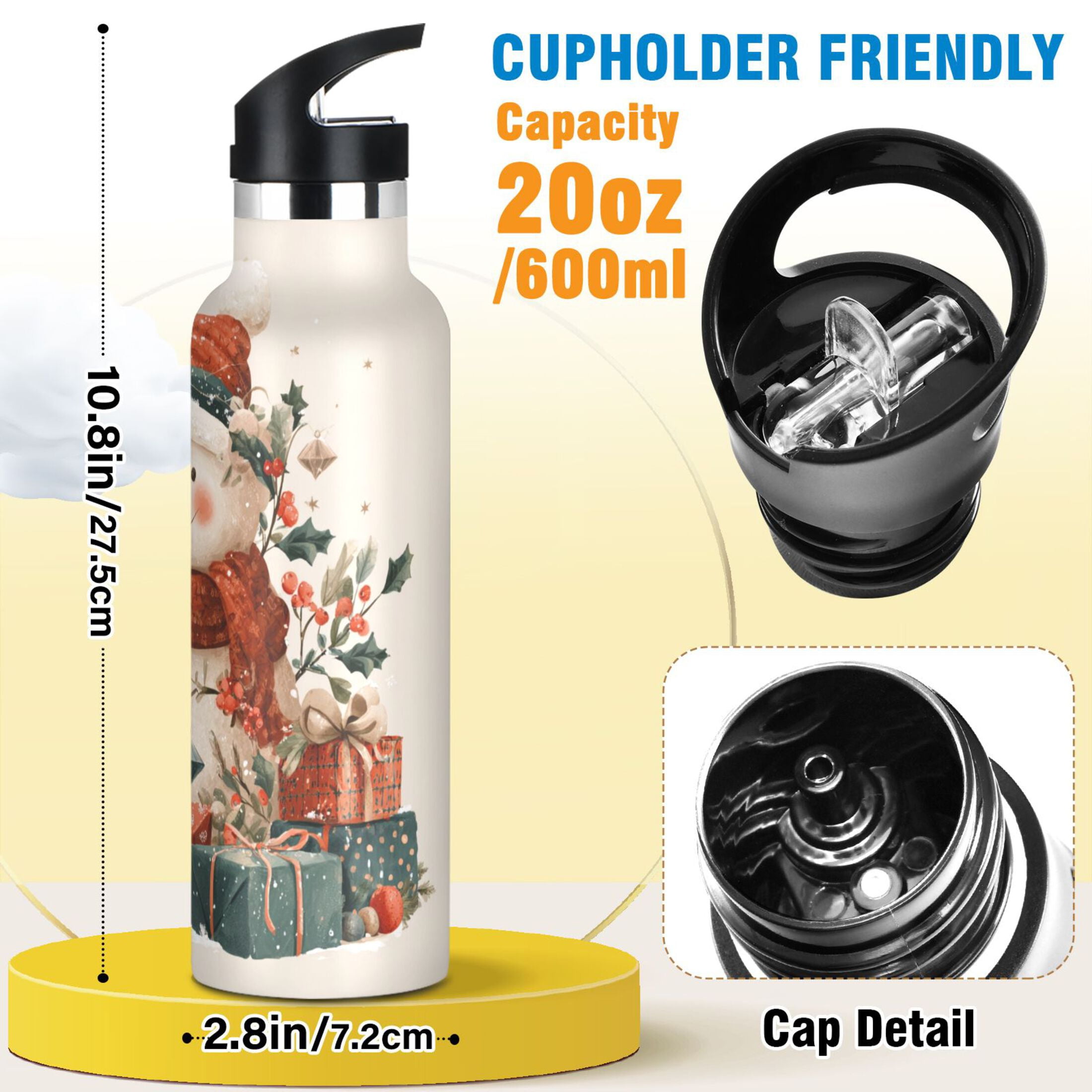 600ML Stainless Steel Insulated Cup Sports Water Bottle Portable Thermos Cup Water Glasses Insulated Tumblers Convenient and Durable Warm Christmas Snow Man