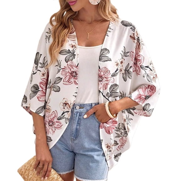 Mawalde Womens Floral - Cover Ups Short Sleeve - Casual Shawl Cardigan Loose White XL
