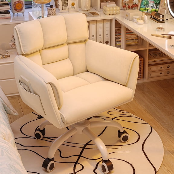 Romorgniz Adjustable Office Chair with Wheels, Soft-Touch Upholstered Desk Chair with Side Pockets, Ergonomic Vanity Chair for Bedroom, Home Office, Pale Yellow