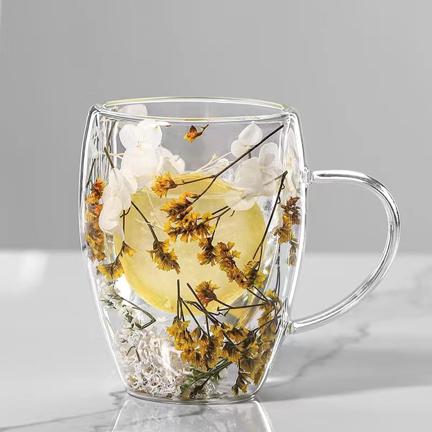 Double Walled Glass Coffee Mugs 12oz 2pcs Espresso Cups,Clear Coffee Mug Cappuccino Cup With Handle Unique Flower Filler Glass Coffee Cups For Tea Milk Latte Hot Cold Beverage Wine Espresso