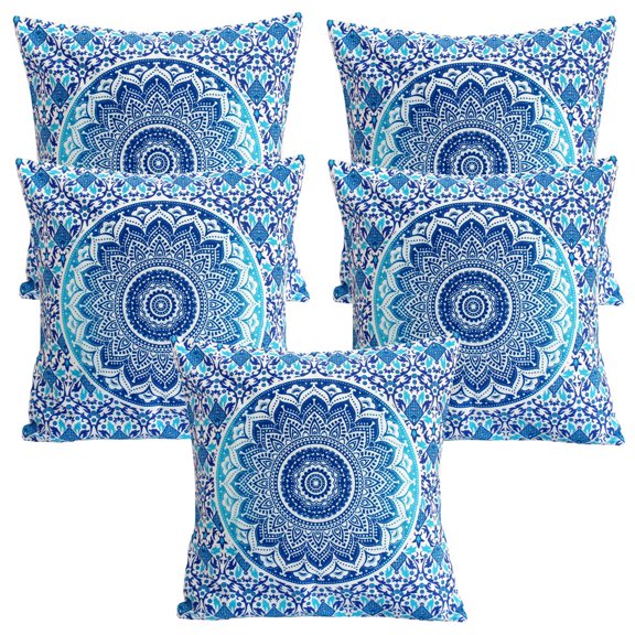 Stylo Culture Ethnic Decorative Throw Pillow Covers 16 x 16 Printed Floral Blue White Traditional 40 x 40 cm Home Decor Cotton Mandala Ombre Square Cushion Covers | Set Of 5