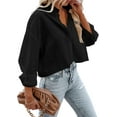 thumbnail image 3 of Womens Button Down Cropped Shirts Long Sleeve Casual Crop Tops Solid Lapel Blouse Shirt with Chest Pocket, 3 of 10