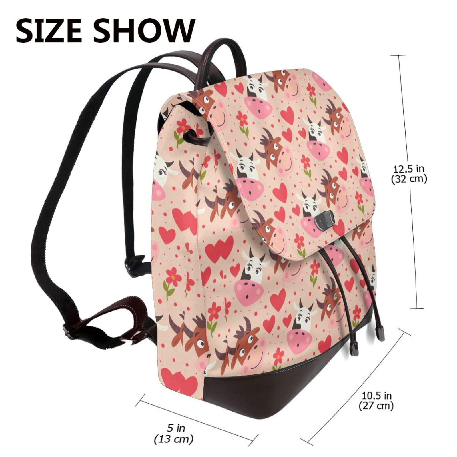 Xecao Cow Flower And Heart Print Large Backpack Soft Leather for Women Travel with Compartment, Adjustable Convertible Strap