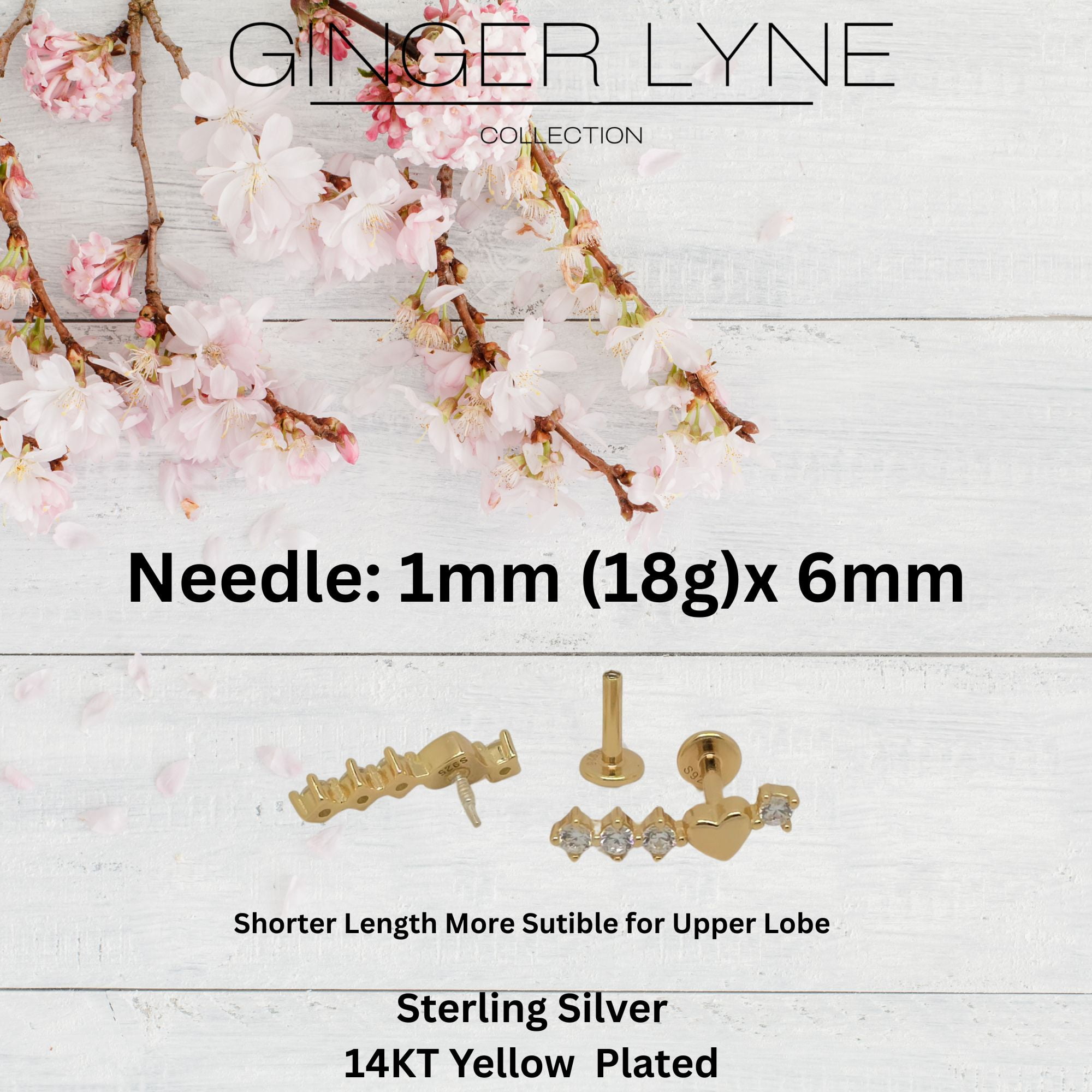 Heart Crawler CZ Flat Back Earrings for Cartilage Helix Tragus Lobe Gold Plated Sterling Silver 1 pair by Ginger Lyne