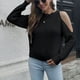 thumbnail image 4 of Suéter de punto de manga larga con un solo hombro, color negro, cuello redondo, estilo sencillo, ropa informal para mujer, talla L, 4 of 7