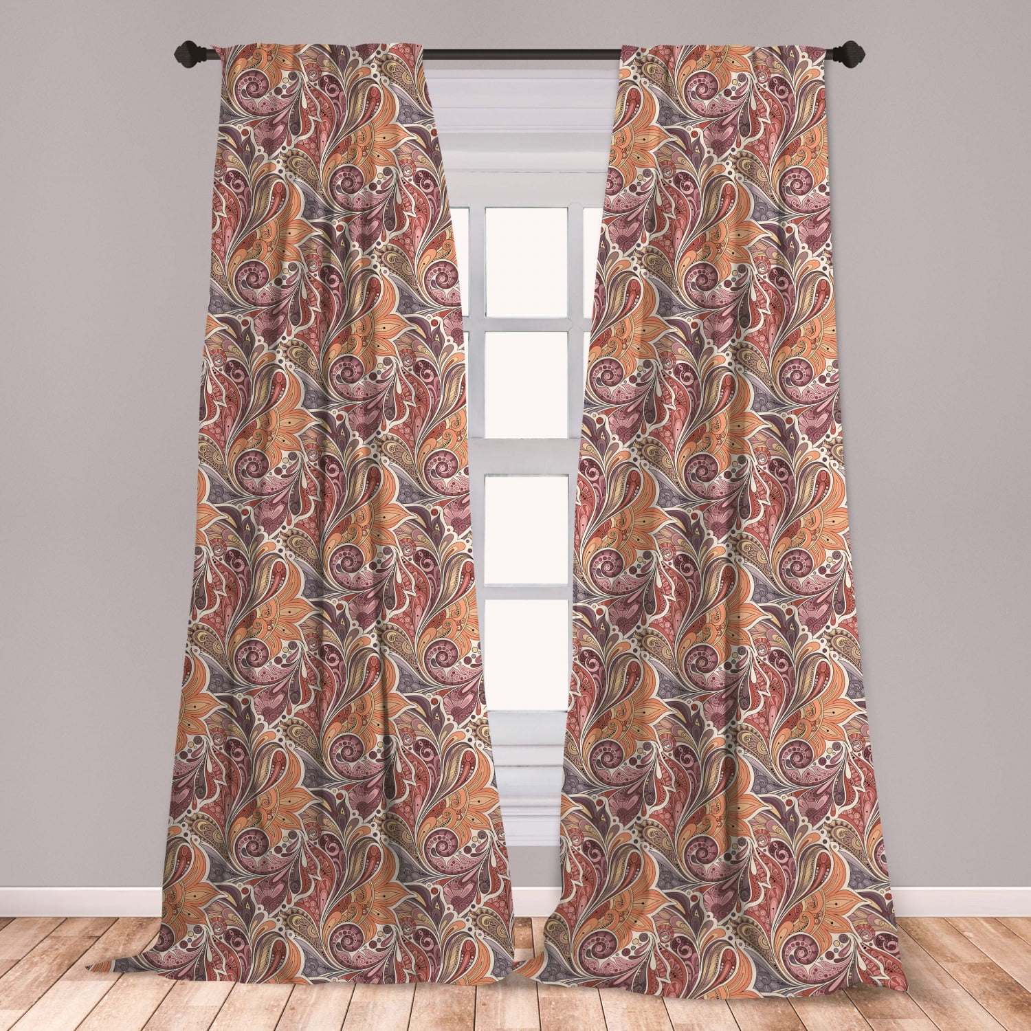 Floral Curtains 2 Panels Set, Traditional Paisley Leaf Pattern with