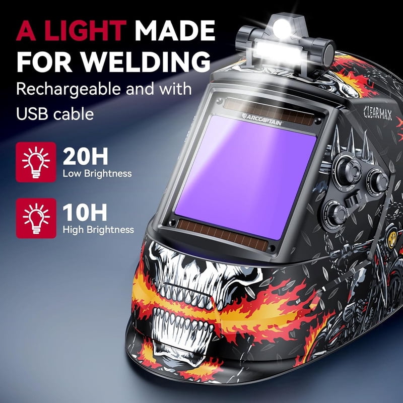 ARCCAPTAIN Auto Darkening Welding Helmet - Large 3.94"x3.66" True Color View | Emergency Light & Solar Power | 4 Arc Sensors | Wide Shade 4-13 | For MIG, TIG, Stick, Plasma Cut