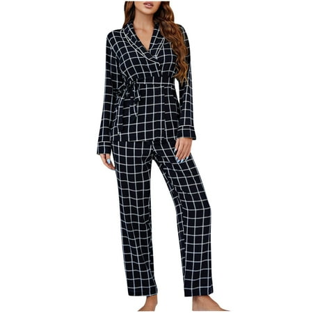 

Pajama Sets for Women Soft Womens Pajama Sets Women s Spring and Autumn Loose Fit Lattice Lapel Bandage Long Sleeve V-Neck Pajama Sets Silk Pajamas for Women Plaid Pajama Pants Black S