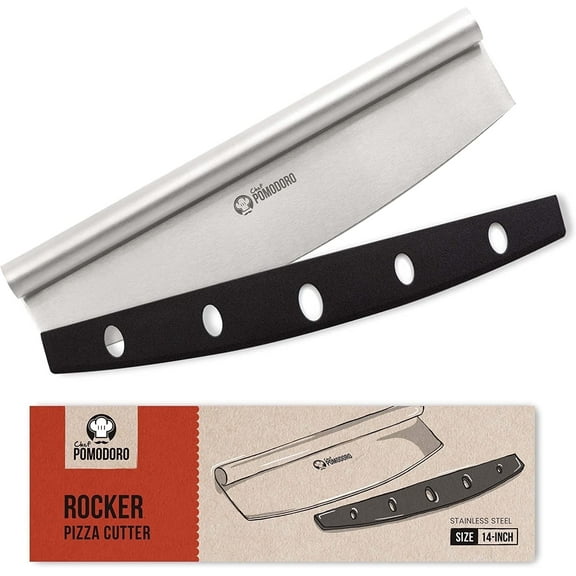 Chef Pomodoro Stainless Steel Pizza Cutter Rocker Knife with Protective Cover, Multipurpose 14" (0.70 lbs)